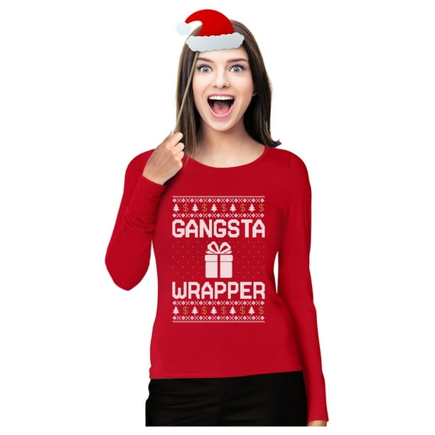 Gangsta Wrapper Ugly Sweater Long Sleeve T-Shirt Merry Jolly Christmas Xmas Tee 